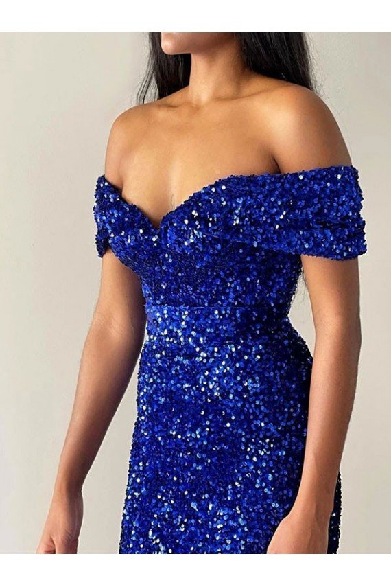 Affordable Mermaid Off the Shoulder Sleeveless Long Sweep Train Velvet Sequin Prom Dress