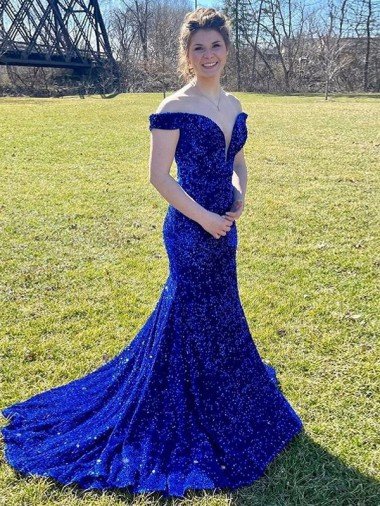 Affordable Off the Shoulder Sleeveless Long Sweep Train Velvet Sequin Prom Dress