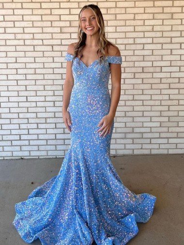 Affordable Mermaid Off the Shoulder Sleeveless Long Floor Length Velvet Sequin Prom Dress