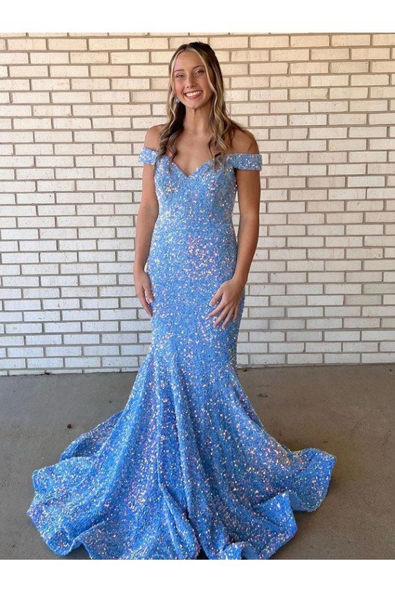 Affordable Mermaid Off the Shoulder Sleeveless Long Floor Length Velvet Sequin Prom Dress
