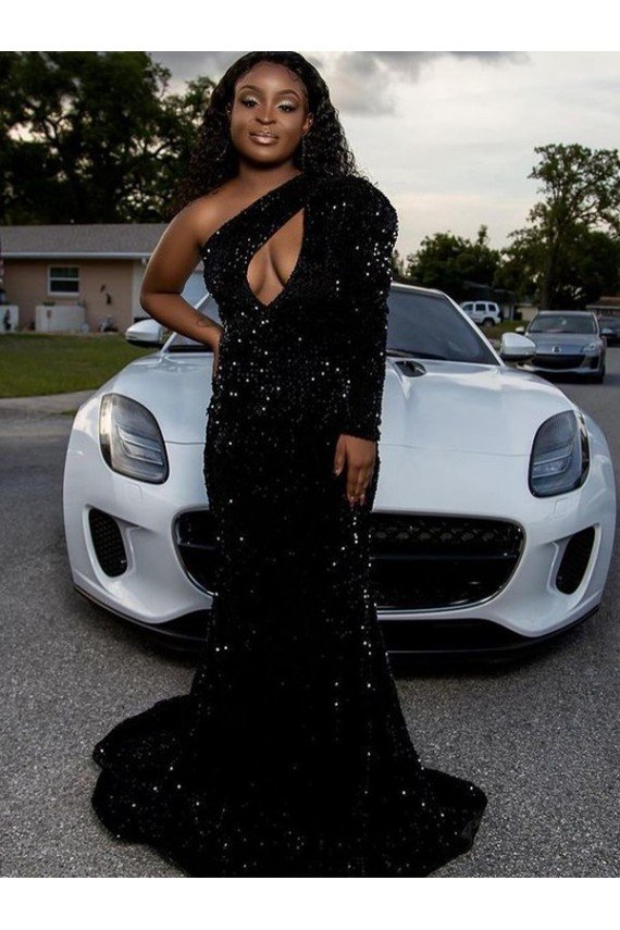 Affordable One Shoulder Long Sleeves Long Sweep Train Velvet Sequin Prom Dress