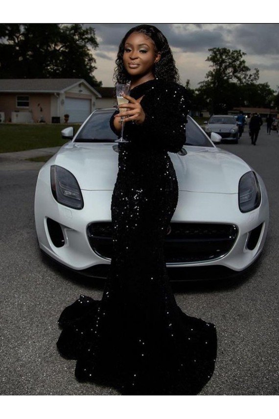 Affordable One Shoulder Long Sleeves Long Sweep Train Velvet Sequin Prom Dress