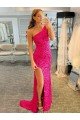 Affordable One Shoulder Sleeveless Long Velvet Sequin Prom Dress with High Slit
