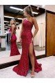 Affordable Mermaid One Shoulder Sleeveless Long Sweep Train Velvet Sequin Prom Dress with High Slit