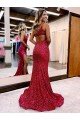 Affordable Mermaid One Shoulder Sleeveless Long Sweep Train Velvet Sequin Prom Dress with High Slit