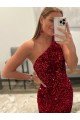 Affordable Open Back One Shoulder Sleeveless Long Sweep Train Velvet Sequin Prom Dress