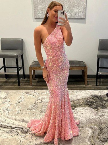 Affordable Open Back One Shoulder Sleeveless Long Sweep Train Velvet Sequin Prom Dress