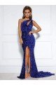 Affordable Mermaid One Shoulder Sleeveless Long Court Train Velvet Sequin Prom Dress with Slit