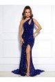 Affordable Mermaid One Shoulder Sleeveless Long Court Train Velvet Sequin Prom Dress with Slit