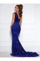 Affordable Mermaid One Shoulder Sleeveless Long Court Train Velvet Sequin Prom Dress with Slit