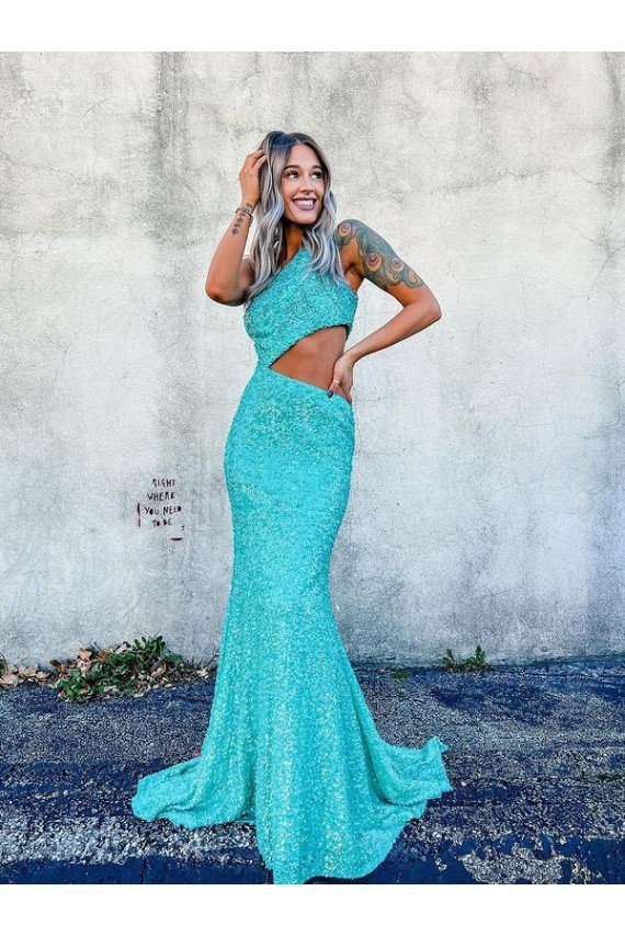 Affordable Mermaid One Shoulder Sleeveless Long Sweep Train Velvet Sequin Prom Dress