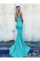 Affordable Mermaid One Shoulder Sleeveless Long Sweep Train Velvet Sequin Prom Dress