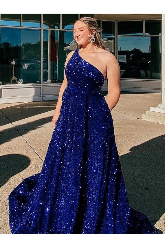 Affordable A-Line One Shoulder Sleeveless Long Sweep Train Velvet Sequin Prom Dress with Pockets
