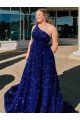 Affordable A-Line One Shoulder Sleeveless Long Sweep Train Velvet Sequin Prom Dress with Pockets
