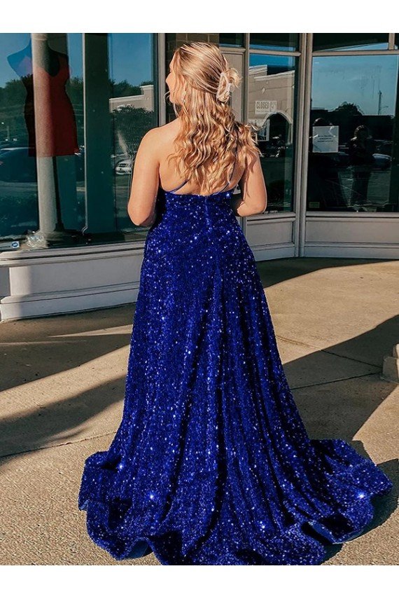 Affordable A-Line One Shoulder Sleeveless Long Sweep Train Velvet Sequin Prom Dress with Pockets