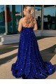 Affordable A-Line One Shoulder Sleeveless Long Sweep Train Velvet Sequin Prom Dress with Pockets
