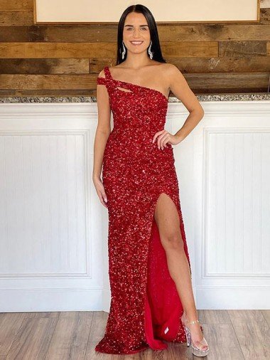 Affordable One Shoulder Sleeveless Long Sweep Train Velvet Sequin Prom Dress