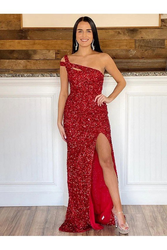 Affordable One Shoulder Sleeveless Long Sweep Train Velvet Sequin Prom Dress