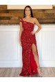 Affordable One Shoulder Sleeveless Long Sweep Train Velvet Sequin Prom Dress