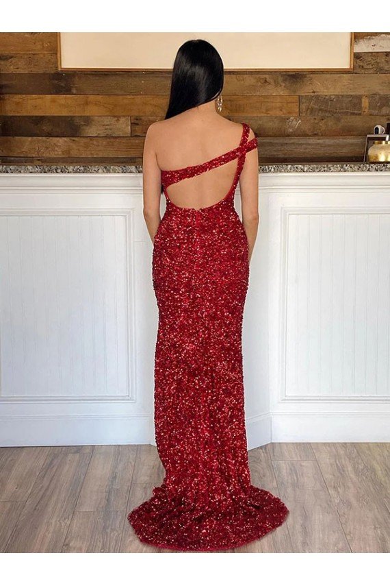 Affordable One Shoulder Sleeveless Long Sweep Train Velvet Sequin Prom Dress