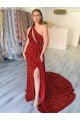 Affordable One Shoulder Sleeveless Long Court Train Velvet Sequin Prom Dress with Slit