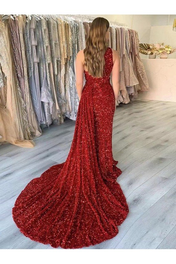Affordable One Shoulder Sleeveless Long Court Train Velvet Sequin Prom Dress with Slit