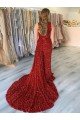 Affordable One Shoulder Sleeveless Long Court Train Velvet Sequin Prom Dress with Slit