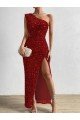 Affordable One Shoulder Sleeveless Long Floor Length Velvet Sequin Prom Dress with Slit
