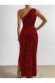 Affordable One Shoulder Sleeveless Long Floor Length Velvet Sequin Prom Dress with Slit