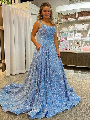 Affordable A-Line Scoop Sleeveless Long Court Train Velvet Sequin Prom Dress