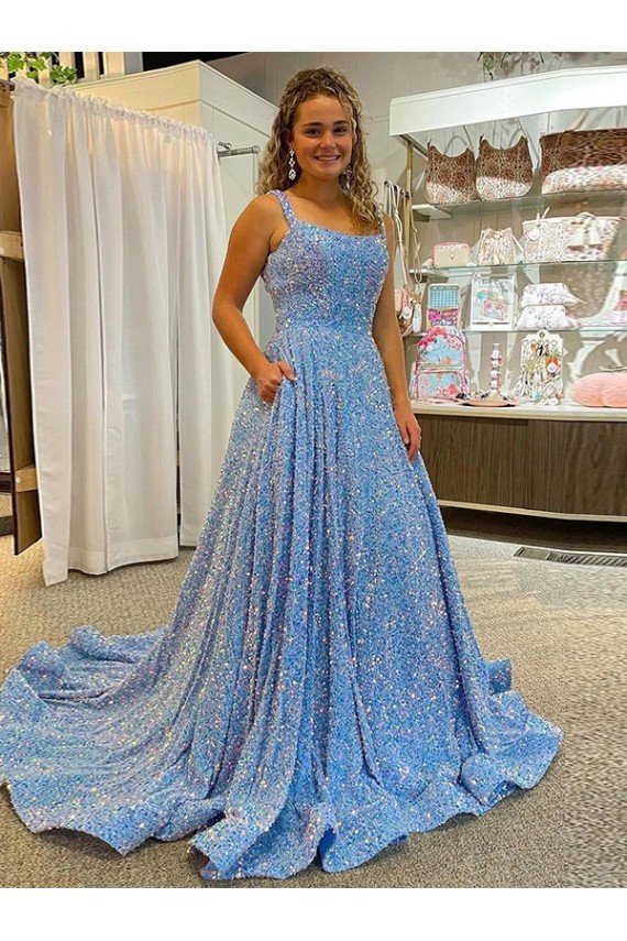 Affordable A-Line Scoop Sleeveless Long Court Train Velvet Sequin Prom Dress