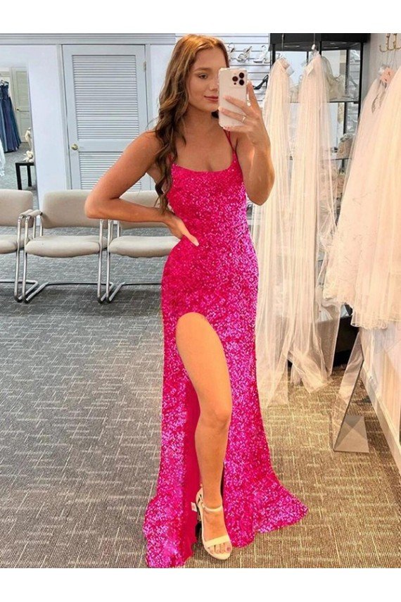 Affordable Spaghetti Straps Sleeveless Long Velvet Sequin Prom Dress with Slit and Criss Cross Open Back