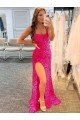 Affordable Spaghetti Straps Sleeveless Long Velvet Sequin Prom Dress with Slit and Criss Cross Open Back