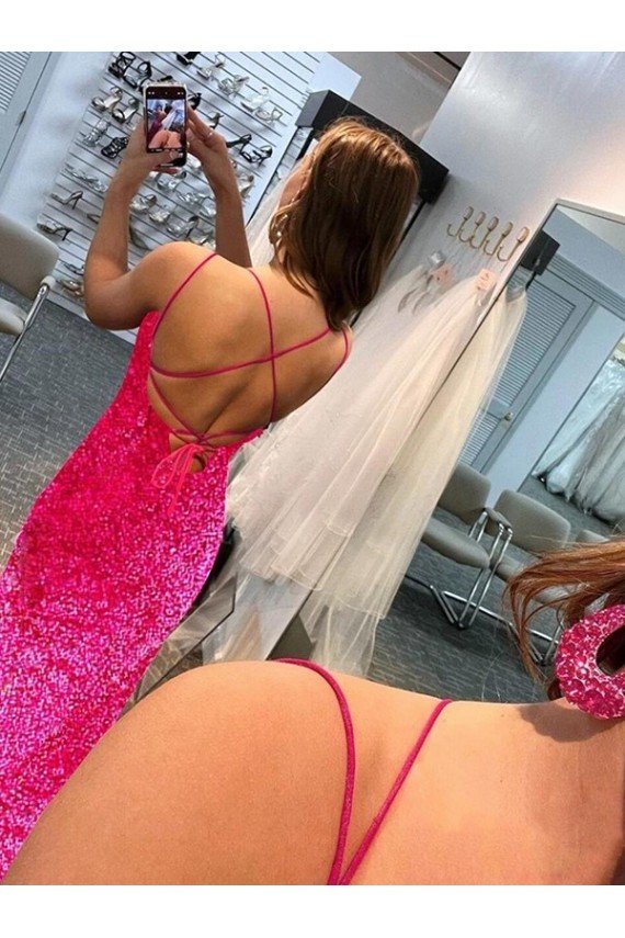 Affordable Spaghetti Straps Sleeveless Long Velvet Sequin Prom Dress with Slit and Criss Cross Open Back