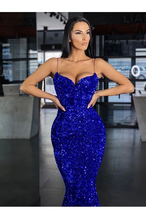 Affordable Mermaid Spaghetti Straps Sleeveless Long Sweep Train Velvet Sequin Prom Dress