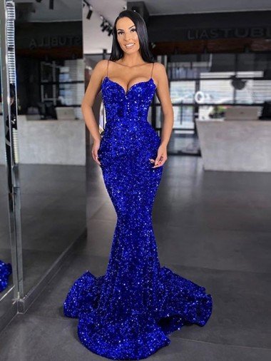 Affordable Mermaid Spaghetti Straps Sleeveless Long Sweep Train Velvet Sequin Prom Dress