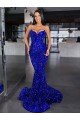 Affordable Mermaid Spaghetti Straps Sleeveless Long Sweep Train Velvet Sequin Prom Dress
