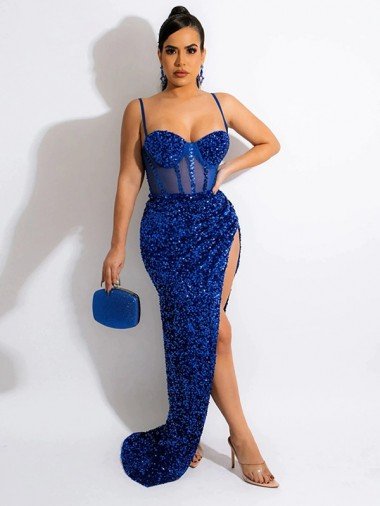 Affordable Long Sweep Train Spaghetti Straps Sleeveless Velvet Sequin Prom Dress with Slit