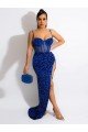 Affordable Long Sweep Train Spaghetti Straps Sleeveless Velvet Sequin Prom Dress with Slit