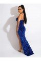 Affordable Long Sweep Train Spaghetti Straps Sleeveless Velvet Sequin Prom Dress with Slit