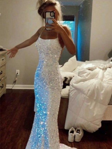Affordable Long Spaghetti Straps Sleeveless Sweep Train Velvet Sequin Prom Dress