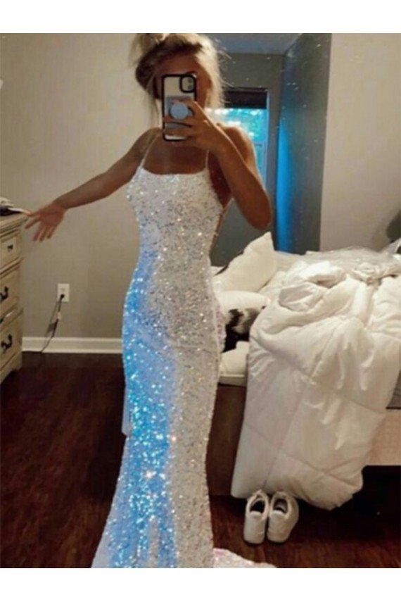 Affordable Long Spaghetti Straps Sleeveless Sweep Train Velvet Sequin Prom Dress