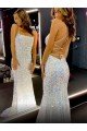Affordable Long Spaghetti Straps Sleeveless Sweep Train Velvet Sequin Prom Dress