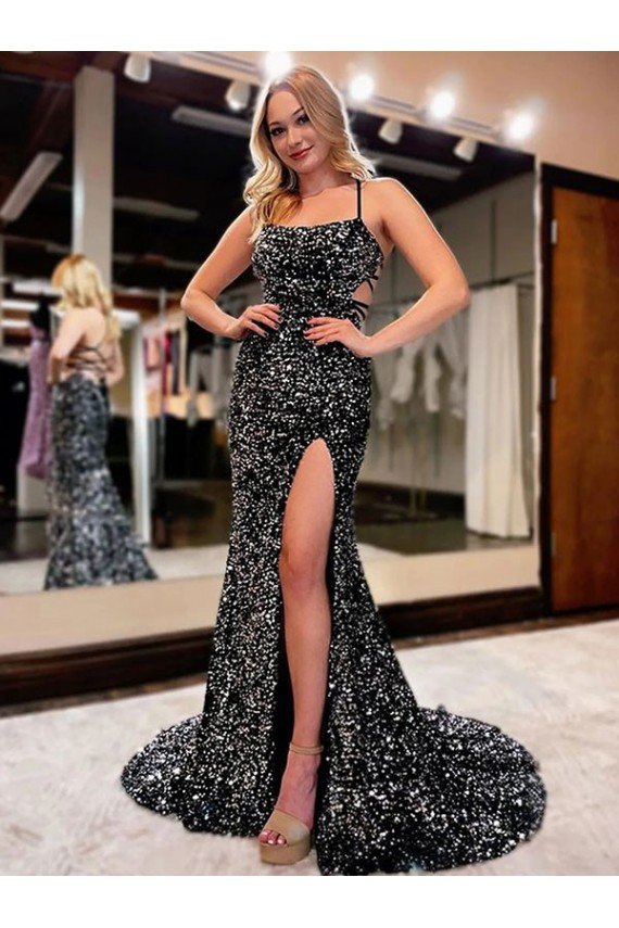 Affordable Spaghetti Straps Sleeveless Long Sweep Train Velvet Sequin Prom Dress