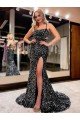 Affordable Spaghetti Straps Sleeveless Long Sweep Train Velvet Sequin Prom Dress