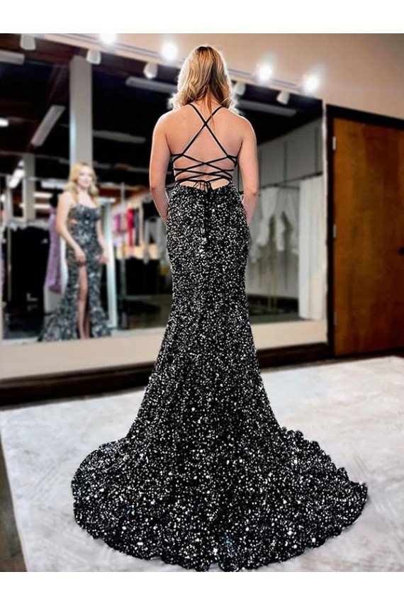 Affordable Spaghetti Straps Sleeveless Long Sweep Train Velvet Sequin Prom Dress