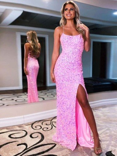 Affordable Spaghetti Straps Sleeveless Long Sweep Train Velvet Sequin Prom Dress with Slit