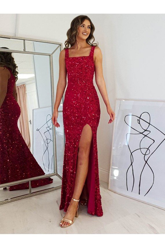 Affordable Square Neck Sleeveless Long Velvet Sequin Prom Dress with Slit