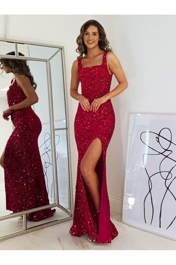 Affordable Square Neck Sleeveless Long Velvet Sequin Prom Dress with Slit