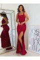Affordable Square Neck Sleeveless Long Velvet Sequin Prom Dress with Slit